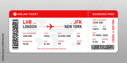 Airline boarding pass ticket template. Flight pass graphic illustration for Travel agency and Business trip concept. New york, Hong kong