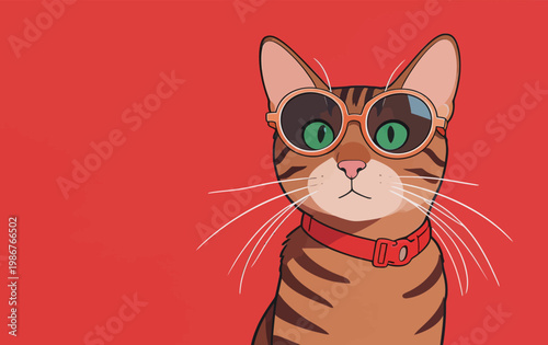 Stylish Striped Cat with Sunglasses and Red Collar