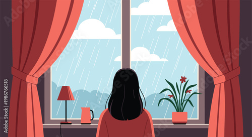 Melancholic woman seen from behind looking through a window at a rainy day with soft clouds and hills visible outside her cozy room with plants.