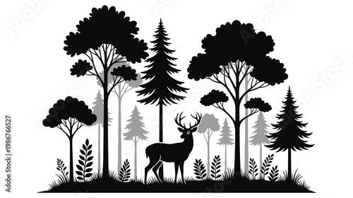 Deer standing in forest with trees and plants at sunrise silhouette.