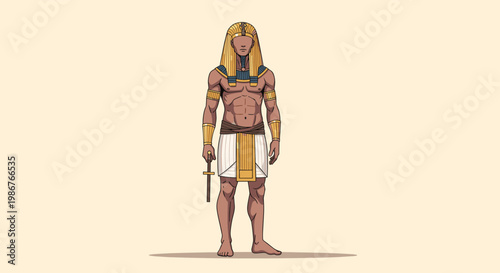 Powerful ancient Egyptian pharaoh or warrior standing tall wearing traditional gold ornaments, a Nemes headcloth, and holding a ceremonial staff.