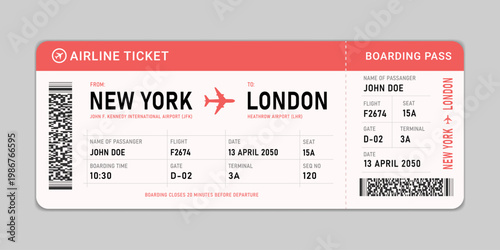 Boarding pass. Airline ticket boarding pass isolated on white background. Editable flight ticket design