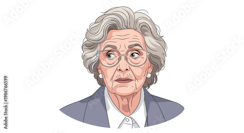Detailed portrait of a serious elderly woman with wavy grey hair, wearing glasses and pearl earrings, looking off to the side with deep wisdom.