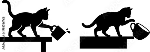 A pair of black cat silhouettes demonstrating their mischievous habit of knocking mugs off tables