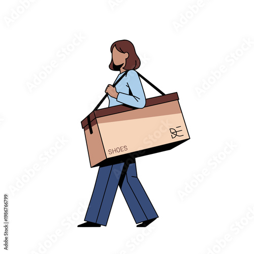 Woman carrying a large shoebox with 'SHOES' label and logo