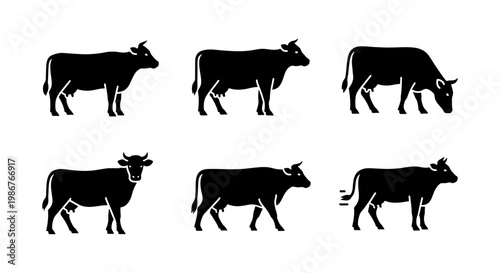 Minimalist cow silhouette icons, set of 6 black cattle vector illustrations, farm animal profile graphics for dairy and meat industry branding