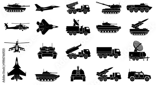 Military vehicle silhouettes set, 20 army equipment icons including tanks and jets, black war machine vector collection for tactical infographics