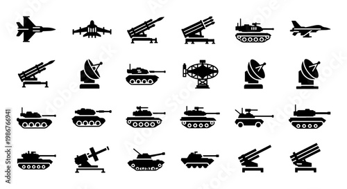 Military vehicle icons set, black silhouette army equipment collection, 24 vector war machine symbols, armored tanks and fighter jet graphics