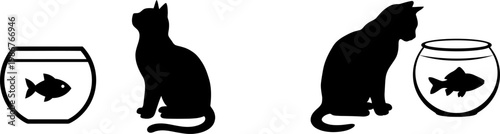 A minimalist black silhouette illustration showing two cats observing goldfish in round bowls