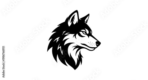 Wolf head mascot vector illustration, black and white timber wolf profile, predatory animal logo design, fierce husky or coyote head icon