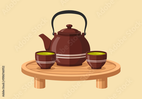 A beautifully crafted traditional brown ceramic teapot and two matching cups filled with vibrant green matcha tea rest peacefully on a round wooden tray, creating a warm, inviting, and zen atmosphere