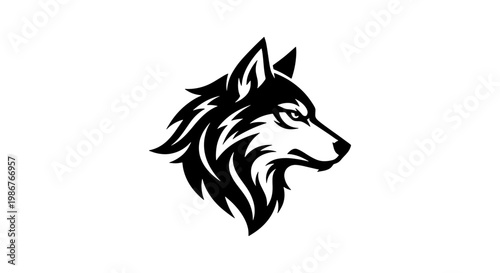Stylized wolf head vector logo, black and white timber wolf profile mascot, fierce wild animal head illustration for sports branding and apparel
