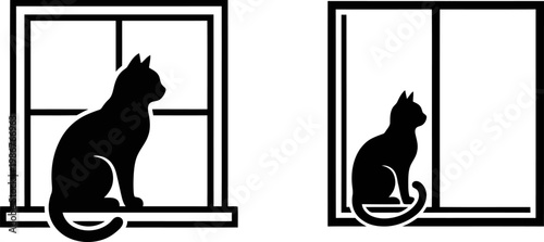 A minimalist black and white graphic illustration featuring two cats sitting on window sills
