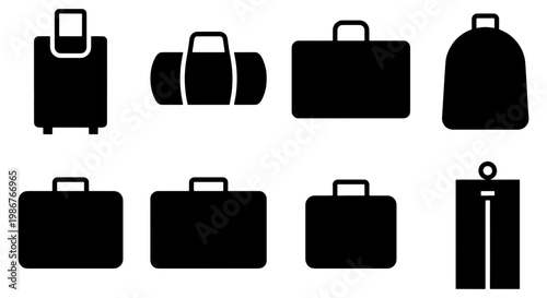 Minimalist travel luggage icon set, black silhouette suitcase and baggage collection, 8 vector elements for tourism and business trip