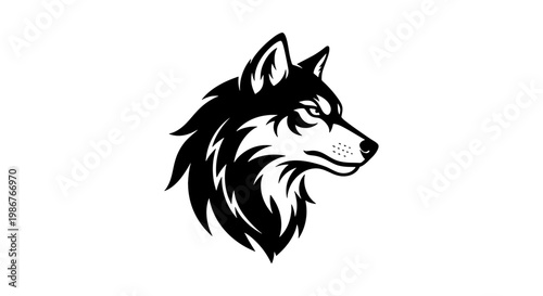 Wolf head vector logo, black and white husky mascot illustration, wild animal predator profile, minimalist canine emblem for sports branding