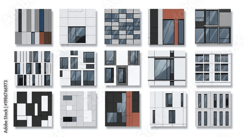 Geometric pattern with various gray squares and triangles on a white background.