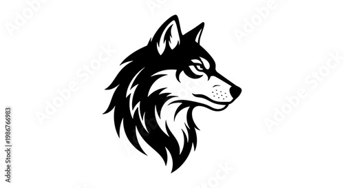 Stylized wolf head vector illustration, black and white wild animal mascot logo, predatory timber wolf profile for sports branding and apparel