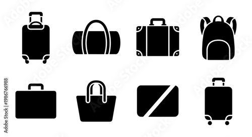 Travel luggage icon set, black solid vector silhouettes of suitcases and bags, 8 travel bag elements for tourism and vacation planning