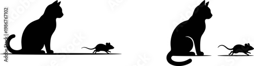 Black silhouettes of two cats sitting still while watching small mice running across the floor