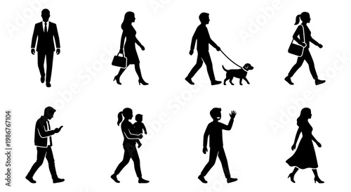 Walking people silhouettes set, 8 diverse pedestrian vector icons, black figures of men and women in motion, urban lifestyle crowd elements