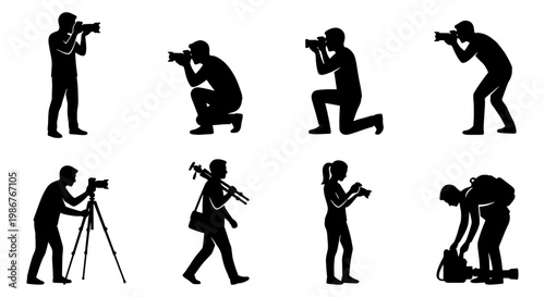 Professional photographer silhouette set, 8 vector icons of cameramen and women with cameras and tripods, photography equipment and paparazzi figures