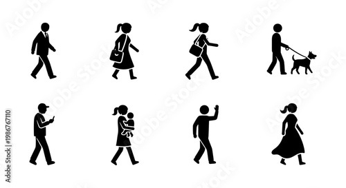 Minimalist walking people silhouettes, set of 8 pedestrian stick figure icons, black human figures in motion for urban wayfinding and signage
