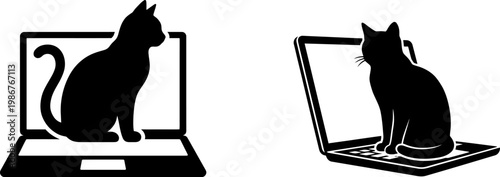 A pair of black silhouettes showing two domestic cats sitting on top of open laptop computers.