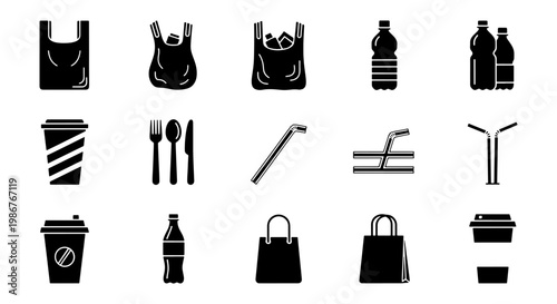 Plastic waste and single-use packaging icons, set of 15 black glyph vectors, disposable plastic bags and bottles for environmental awareness