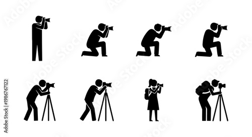 Photographer silhouette icon set, professional camera operator pictograms, 8 vector elements of people taking photos with tripod and DSLR