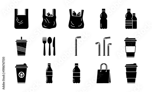 Single use plastic waste icons set, black silhouette disposable packaging vector, environmental pollution and recycling symbols collection