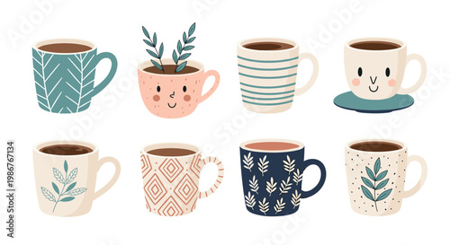 Set of eight unique and charming ceramic mugs and cups with various patterns, leaves, and cute faces for drinking hot coffee or tea.