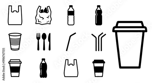 Minimalist single use plastic icons set, black and white disposable waste symbols, eco pollution vector elements for environmental awareness