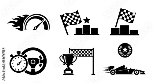 Racing car icons set, black silhouette motorsport symbols with checkered flag and trophy, 6 vector elements for automotive competition and speed