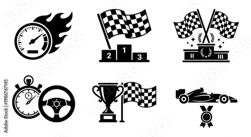 Racing icons set with checkered flags and podium, black car racing vector elements, speed and competition symbols for automotive sports branding