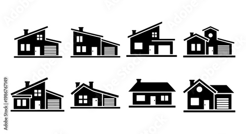 Modern house icons set, minimalist residential building silhouettes with garages, 8 black vector home symbols for real estate and architectural design