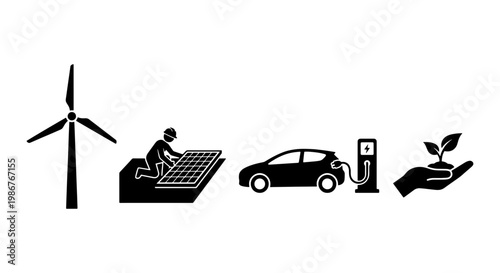 Renewable energy icon set, sustainable green technology symbols, wind turbine and solar panel installation, electric vehicle charging station vector