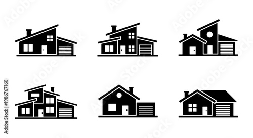 Modern house icons set, black silhouette home exterior symbols with garage, minimalist residential building vector collection for real estate