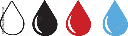 Drop Icon Vector Set. Blood, Water, Oil and Ink Liquid Droplet Symbols Collection. Flat and Outline Style Vector.