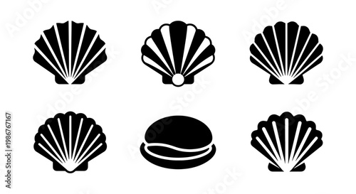 Minimalist seashell icon set, black scallop shell vector silhouettes, collection of 6 nautical sea shell symbols for marine branding and logo design
