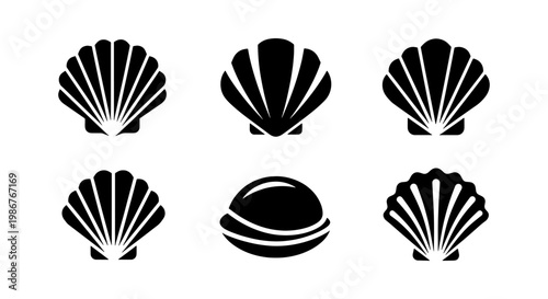Minimalist seashell icon set, black scallop shell vector silhouettes, collection of 6 nautical sea shell symbols for marine branding and beach decor