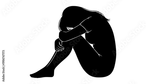 A woman sitting in a sad silhouette illustration on white background