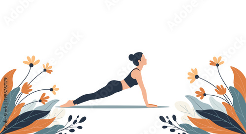 Woman in black athletic wear practicing a cobra yoga pose on a mat surrounded by stylized orange and blue flowers and autumn leaves.
