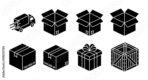 Isometric delivery box icons set, black shipping cardboard boxes and delivery truck vector, logistics and packaging symbols for e-commerce