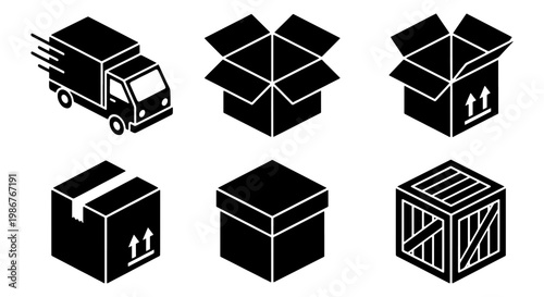 Isometric delivery icons set, black logistics shipping box and truck symbols, 6 vector elements for warehouse and transportation services