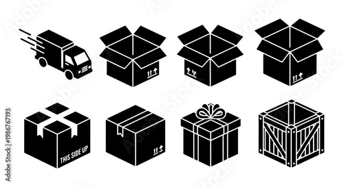 Isometric delivery box icons and shipping truck set, black cardboard packaging silhouettes, 8 logistics and freight transport vector elements