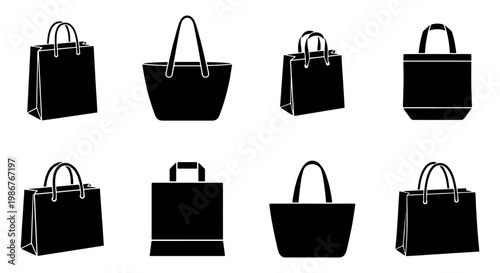 Black shopping bag icons set, collection of 8 vector fashion tote bag silhouettes, reusable grocery bag and luxury paper bag mockups