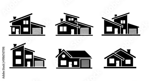 Modern house icons set, minimalist residential building silhouettes with 6 elements, contemporary home architecture vector graphics for real estate