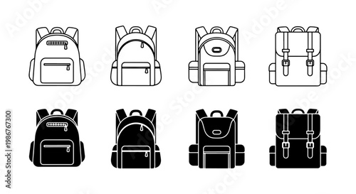 Minimalist backpack icon set, school bag vector illustrations in line and solid styles, 8 travel rucksack symbols for education and hiking