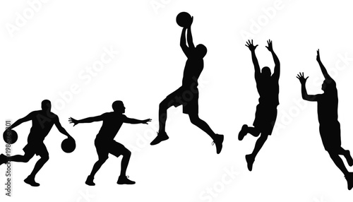 A basketball player silhouette illustration in various dynamic movements and poses