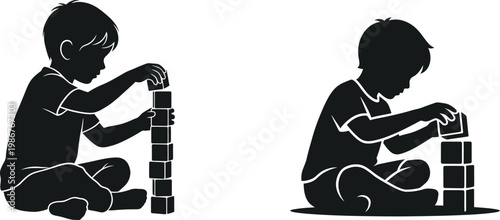 Black silhouette illustrations of two young boys sitting on the ground stacking wooden toy blocks